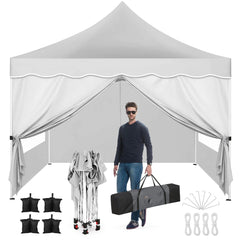 HOTEEL 10x10 Pop Up Canopy , UPF 50+ Easy Setup Canopy Tent Waterproof Outdoor Instant Portable Shelter with 4 Removable Sidewalls, Sandbags, Stakes & Ropes for Party, Events, Vendor, Khaki