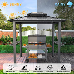 6' x 8' hardtop grill gazebo with vented double roof, galvanized steel sun and rain shelter, rust-resistant aluminum barbecue gazebo for outdoor cooking, patio, backyard