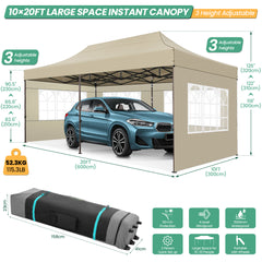 HOTEEL 10x20 Heavy Duty Canopy Tent with 6 Removable Sidewalls,Pop up Outdoor Commercial Party Wedding Tent with Roller Bag,Waterproof & UV 50+,Khaki