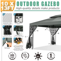 COBIZI 10x13 Outdoor Gazebo, Garden Tent for Patio Canopy with Leaf Screen Steel Frame and Mosquito Netting, Double Roof Canopy Tent for Deck, Backyard, Garden and Lawns, Khaki