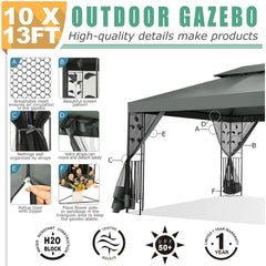 COBIZI 10' x 13' Pop Up Gazebo, Outdoor Steel Double Roof Canopy, Metal Frame Pavilion with Mosquito Netting, Sunshade for Garden, Patio, Lawns, Gray