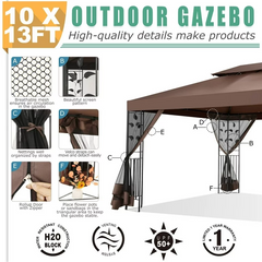 COBIZI 10x13 Outdoor Gazebo, Garden Tent for Patio Canopy with Leaf Screen Steel Frame and Mosquito Netting, Double Roof Canopy Tent for Deck, Backyard, Garden and Lawns, Khaki