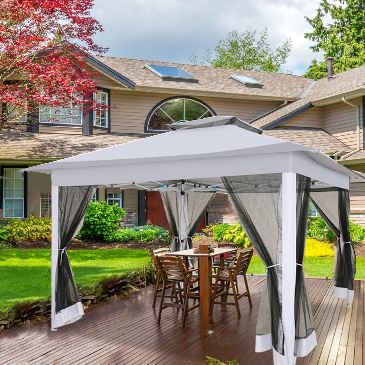 Hoteel 12' x 12' Adjustable Height Pop-up Gazebo Tent Fully Waterproof Instant Outdoor Canopy Folding Shelter with 6 Mosquito Nettings, Double Roofs, Privacy Screens for Backyard, Garden, Lawn