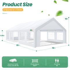HOTEEL 16'x32' Heavy Duty Party Tent with 8 Roll-up Removable Sidewalls and Ventilated Windows, Portable Outdoor Commercial Canopy Wedding Tent, Carport with All-Season Tarp, White, Height 10.5'