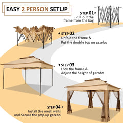 COBIZI Gazebo Canopy Tent, Pop Up Canopy 11x11 Tents for Parties, Outdoor Gazebo with Mosquito Netting and Vented Roof, Screen House for Garden Patio Backyard, Khaki