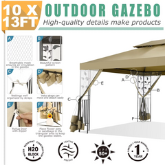 COBIZI 10x13 Outdoor Gazebo, Garden Tent for Patio Canopy with Leaf Screen Steel Frame and Mosquito Netting, Double Roof Canopy Tent for Deck, Backyard, Garden and Lawns, Khaki