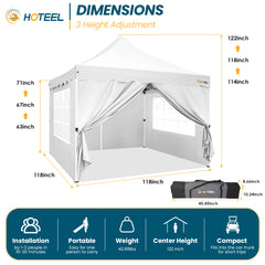 HOTEEL 10x10 Pop Up Canopy , UPF 50+ Easy Setup Canopy Tent Waterproof Outdoor Instant Portable Shelter with 4 Removable Sidewalls, Sandbags, Stakes & Ropes for Party, Events, Vendor, White