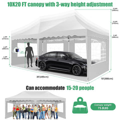 HOTEEL Canopy 10'x20' Pop Up Canopy Tent Heavy Duty Waterproof Adjustable Commercial Instant Canopy Outdoor Party Canopy Parties,Wedding,Outside Patio,Event,Backyard,White