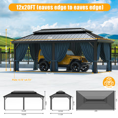 HOTEEL 10'x15' Hardtop Gazebo, Outdoor Steel Double Galvanized Roof Canopy, Aluminum Frame Permanent Pavilion Metal Gazebo with Curtains and Nettings, Sunshade for Patios, Gardens, Lawns, Brown