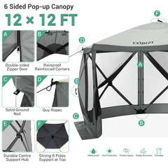 Hoteel 12x12ft Pop-up Gazebo EZ Set-up Camping Canopy Tent with 6 Sides Mosquito Netting, Waterproof, UV Resistant, Portable Screen House Room, Outdoor Party Tent with Carry bag, Ground Spike