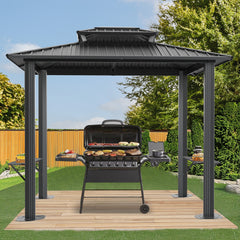 HOTEEL 6x8 FT Hardtop Grill Gazebo with Vented Double Roof, Galvanized Steel Sun & Rain Shelter, Rust-Resistant Aluminum BBQ Gazebo for Outdoor Cooking, Patio, Backyard (Dark Brown)