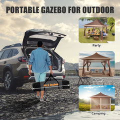 HOTEEL 12x12 Outdoor Waterproof Gazebo, Pop Up Canopy Tent with Adjustable Height, UV Protection & Mosquito Net, Ideal for Parties, Camping, Weddings, and Backyard Events,Brown