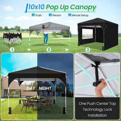 HOTEEL 10x10 Ez Up Pop Up Canopy Tent, Party Tents with One Push Central Button Air Vent, Instant Canopy Tent with Sidewalls & Reflective Strip, Black