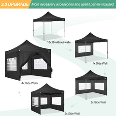 COBIZI 10x10 Heavy Duty Canopy Tent with 4 Sidewalls,Pop up Commercial Gazebo, Waterproof Outdoor Tents with Roller Bag, Black