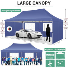 Hoteel 10'x20' Pop up Canopy Tent with 6 Removable Sidewalls, Instant Outdoor Canopy Shelter with Upgrade Raised Roof and Carry Bag,Blue