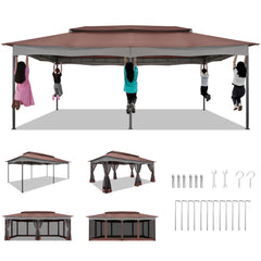 HOTEEL 12x20 Heavy Duty Canopy Gazebo with 6 Mosquito Netting 100% Waterproof Large Canopy Tents for Patio, Party, with Double Roof Soft Top Screen Gazebo with Metal Steel Frame for Outside, Brown