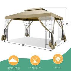 COBIZI 10x13 Outdoor Gazebo, Garden Tent for Patio Canopy with Leaf Screen Steel Frame and Mosquito Netting, Double Roof Canopy Tent for Deck, Backyard, Garden and Lawns, Khaki