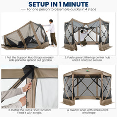 HOTEEL 12'x12' Pop Up Gazebo Outdoor Canopy Camping Tent with Mosquito Netting Walls, Waterproof, UV Resistant, Easy Set-up Party Tent for Shade and Rain, with Carry bag, Ground Spike, Beige