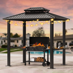 HOTEEL 6x8 FT Hardtop Grill Gazebo with Vented Double Roof, Galvanized Steel Sun & Rain Shelter, Rust-Resistant Aluminum BBQ Gazebo for Outdoor Cooking, Patio, Backyard (Dark Brown)