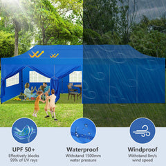 YUEBO 10'x30' Canopy Heavy Duty Pop Up Canopy Tent Outdoor Gazebo Shelter Waterproof Instant Commercial Tent with 8 Removable Sidewalls & 8 Sandbags & Roller Bag, Blue