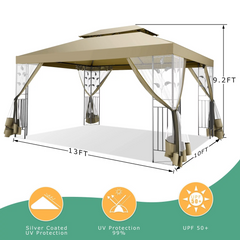 COBIZI Outdoor Gazebo,10'x10'Canopy with Mosquito Netting,Shade Tent for Party, Backyard, Patio Lawn & Garden,Brown