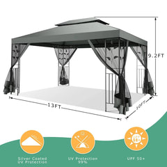 COBIZI 10x13 Outdoor Gazebo, Garden Tent for Patio Canopy with Leaf Screen Steel Frame and Mosquito Netting, Double Roof Canopy Tent for Deck, Backyard, Garden and Lawns, Khaki