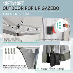 HOTEEL 12x12 Pop Up Gazebo Canopy Tent, Outdoor Waterproof Portable Gazebo With Mosquito Nettings, Double Vented Roof, 3 Adjustable Height and Carry Bag for Patio Garden Lawn,Gray