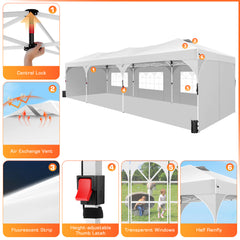 HOTEEL 10x30 Ez Up Pop Up Canopy Tent, Party Tents with One Push Central Button Air Vent, Instant Canopy Tent with Sidewalls & Reflective Strip