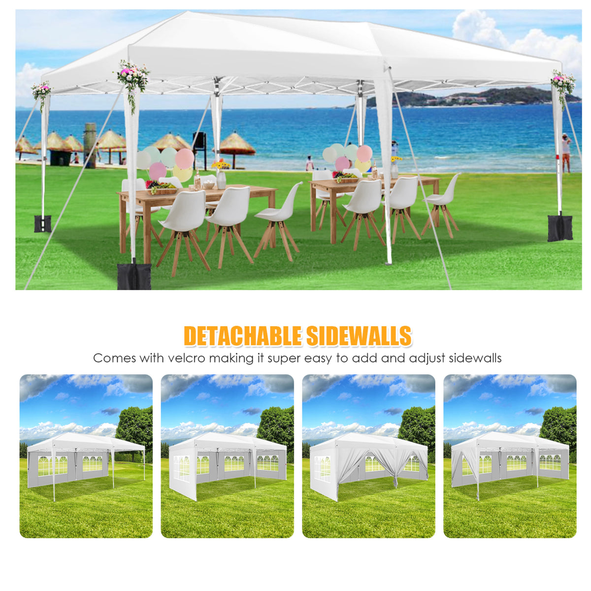 YUEBO 10x20 Pop Up Canopy Tents for Parties, Waterproof Canopy Tent with Sidewalls,Outdoor Gazebo Canopy with Carry Bag, Tent for Backyard, Wedding, Patio, Event,Commercial, White