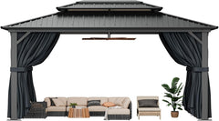 10' x 12' Heavy-Duty Hardtop Gazebo, Galvanized Steel Double-Layer Roof, Hot Tub Gazebo, with Fire-Resistant Curtains and Mesh, Aluminum Frame Outdoor Canopy, Suitable for Patios and Parties