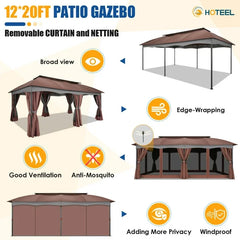 HOTEEL Gazebo 12x20 Heavy Duty Patio Gazebo with Mosquito Netting Deck Gazebo with Metal Steel Frame Large Screen Gazebo Tent Waterproof with Double Roof for Party, Backyard, Deck, Garden, Brown