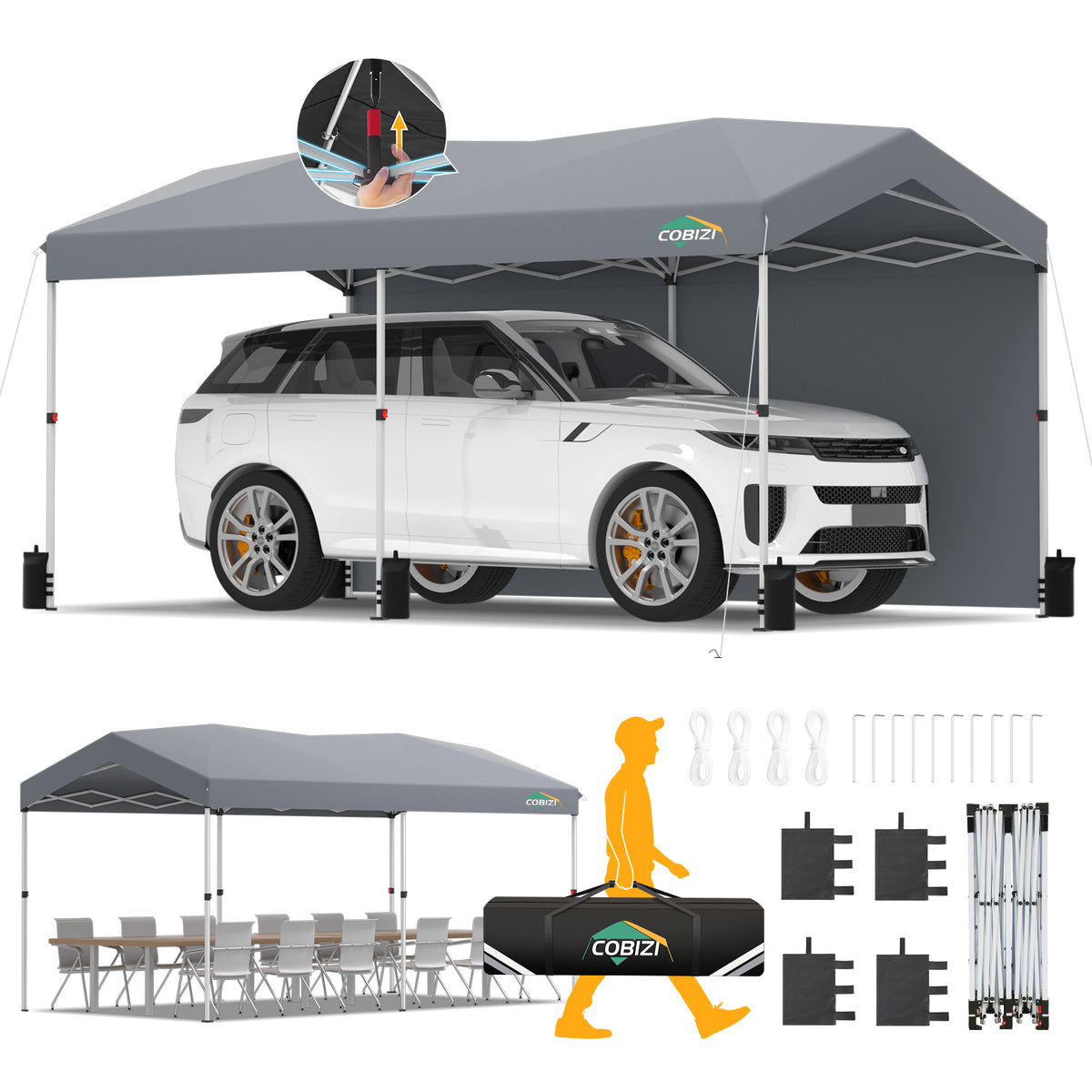 COBIZI 10x20 Pop Up Canopy-Easy Up Carport Canopy with One Push Setup-Outdoor Sun Shade&Waterppof Tent for Parties, Camping, Events-with 2 Sidewalls,Portable Bag,4 Weight Bags,4 Ropes&10 Stakes