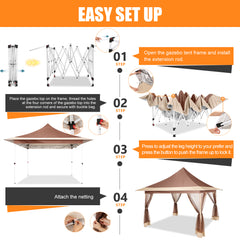 HOTEEL 12x12 Outdoor Waterproof Gazebo, Pop Up Canopy Tent with Adjustable Height, UV Protection & Mosquito Net, Ideal for Parties, Camping, Weddings, and Backyard Events,Brown