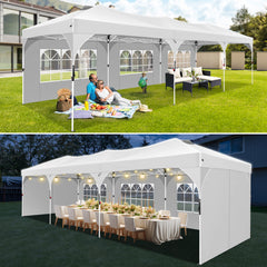 HOTEEL 10x30 Ez Up Pop Up Canopy Tent, Party Tents with One Push Central Button Air Vent, Instant Canopy Tent with Sidewalls & Reflective Strip
