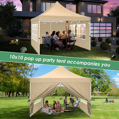 Hoteel 10x10 Pop up Canopy Tent Commercial Instant Canopy with 4 Sidewalls & Sandbags, UPF 50+ All Season Portable Tent for Parties Beach Camping Party Event Shelter Sun Shade