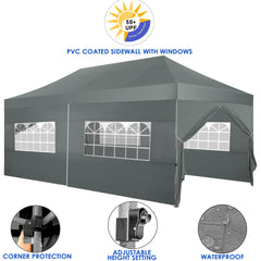 YUEBO 10x20 Pop up Heavy Duty Canopy with 6 Sidewalls, Waterproof Commercial Tent Canopy, Outdoor Gazebo for Wedding Party with Wheeled Bag, Gray