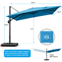 10'x10' Cantilever Umbrella Square Outdoor Patio Umbrella Large Offset Hanging Umbrella Aluminum Umbrella with Base, 360° Rotation, Blue