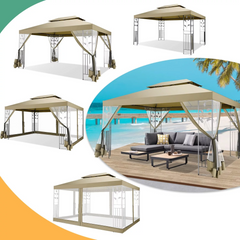 COBIZI 10x13 Outdoor Gazebo, Garden Tent for Patio Canopy with Leaf Screen Steel Frame and Mosquito Netting, Double Roof Canopy Tent for Deck, Backyard, Garden and Lawns, Khaki