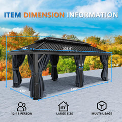 Hoteel 12x20ft Heavy Duty Hard Top Gazebo Galvanized Steel Double-layer Roof, Permanent Design, with Net and Curtain, Aluminum Frame, Suitable for Patio, Backyard, Deck and Lawn (Brown)