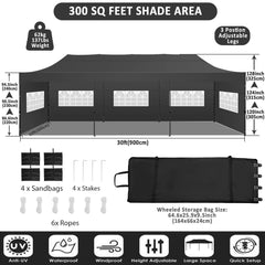 YUEBO 10'x30' Heavy Duty Pop Up Canopy Tent Outdoor Shelter Instant Commercial Tent with 8 Removable Sidewalls