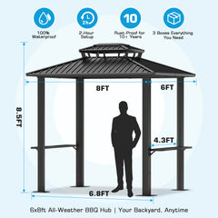 HOTEEL 6x8 FT Hardtop Grill Gazebo with Vented Double Roof, Galvanized Steel Sun & Rain Shelter, Rust-Resistant Aluminum BBQ Gazebo for Outdoor Cooking, Patio, Backyard (Black)