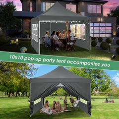 Hoteel 10x10 Pop up Canopy Tent Commercial Instant Canopy with 4 Sidewalls & Sandbags, UPF 50+ All Season Portable Tent for Parties Beach Camping Party Event Shelter Sun Shade