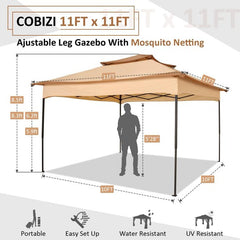 COBIZI Gazebo Canopy Tent, Pop Up Canopy 11x11 Tents for Parties, Outdoor Gazebo with Mosquito Netting and Vented Roof, Screen House for Garden Patio Backyard, Khaki