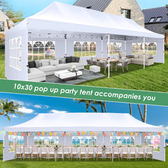 Hoteel 10x30 Pop up Canopy, Pop up Party Tent with 6 Removable Sidewalls, Outdoor Event Gazebo, Commercial Canopy Tents for Parties Wedding