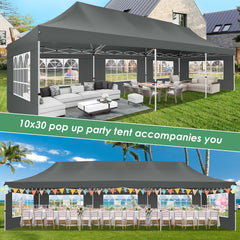 Hoteel 10x30 Pop up Canopy, Pop up Party Tent with 6 Removable Sidewalls, Outdoor Event Gazebo, Commercial Canopy Tents for Parties Wedding