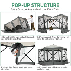 Hoteel 12x12ft Pop-up Gazebo EZ Set-up Camping Canopy Tent with 6 Sides Mosquito Netting, Waterproof, UV Resistant, Portable Screen House Room, Outdoor Party Tent with Carry bag, Ground Spike