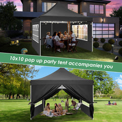 Hoteel 10x10 Pop up Canopy Tent Commercial Instant Canopy with 4 Sidewalls & Sandbags, UPF 50+ All Season Portable Tent for Parties Beach Camping Party Event Shelter Sun Shade