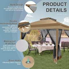 COBIZI 12x12 Outdoor Gazebo Pop Up Gazebo Canopy with Mosquito Netting Patio Tent Backyard Canopy with 2-Tiered Vented Top 3 Adjustable Height, Brown