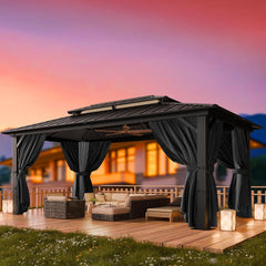 10' x 12' Heavy-Duty Hardtop Gazebo, Galvanized Steel Double-Layer Roof, Hot Tub Gazebo, with Fire-Resistant Curtains and Mesh, Aluminum Frame Outdoor Canopy, Suitable for Patios and Parties