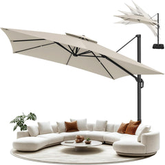 10’ x 10’ Patio Cantilever Sun Umbrella – Upgraded Enhanced Version – 360° Rotation & 5 Adjustment Angles – Aluminum Pool Parasol Square Outdoor Sun Umbrella for Courtyard, Garden, Terrace, Pool